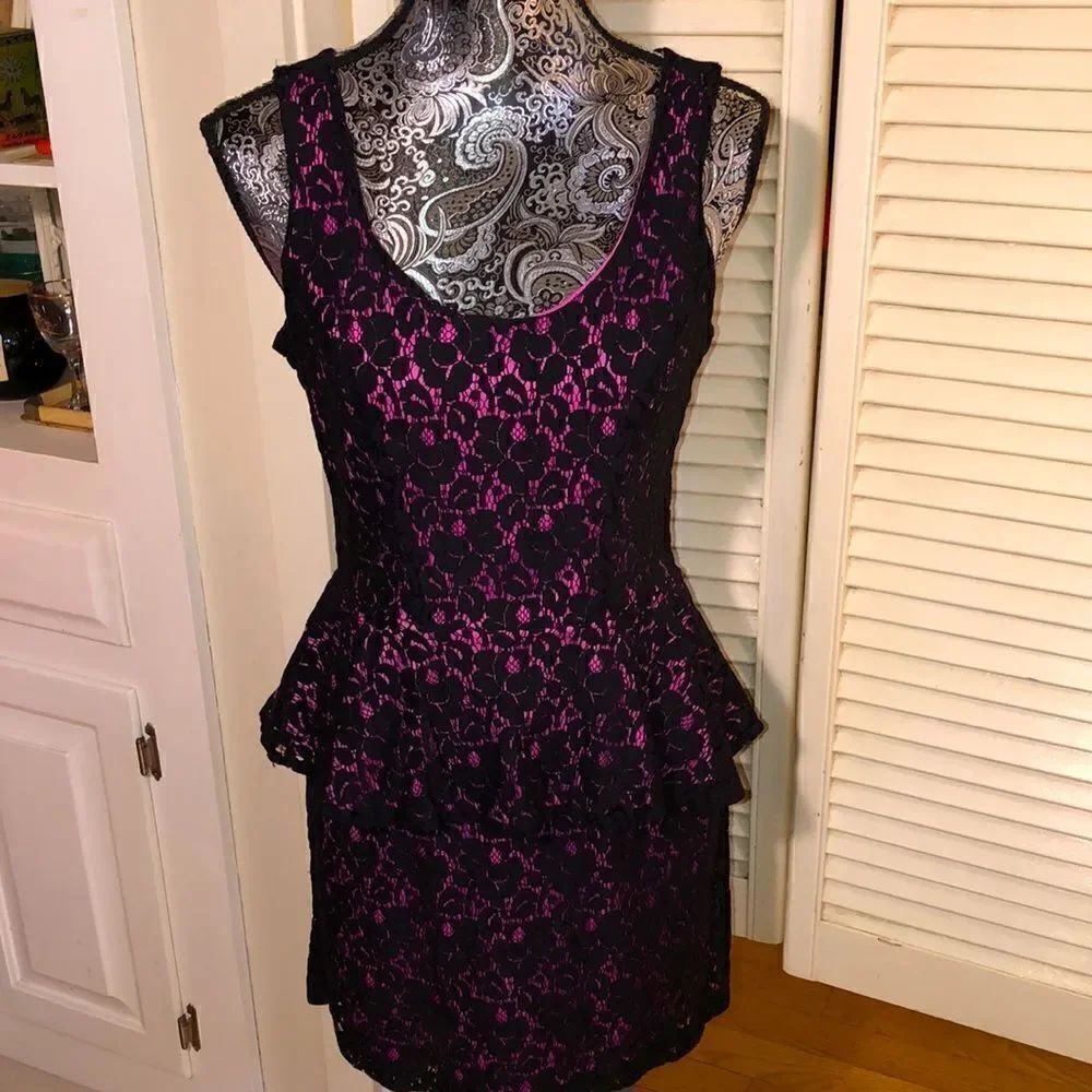 Black cotton lace Peplum Dress with berry pink poly lining by Heart ❤️ Soul